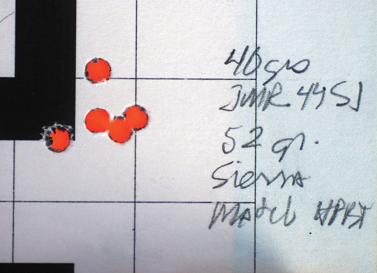 This kind of accuracy was pretty common from the pre-64 Model 70 220 Swift. This group measured .66 inch, and the velocity was a very modest 3,440 fps.